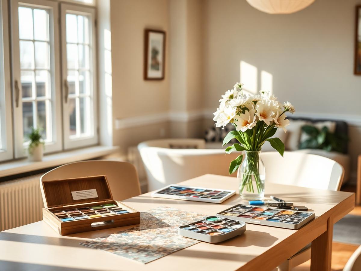 Table set with a puzzle and watercolor paints in warm light